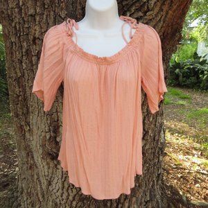 Soho New York Co Womans off the shoulder Top Large Peach with gold thread